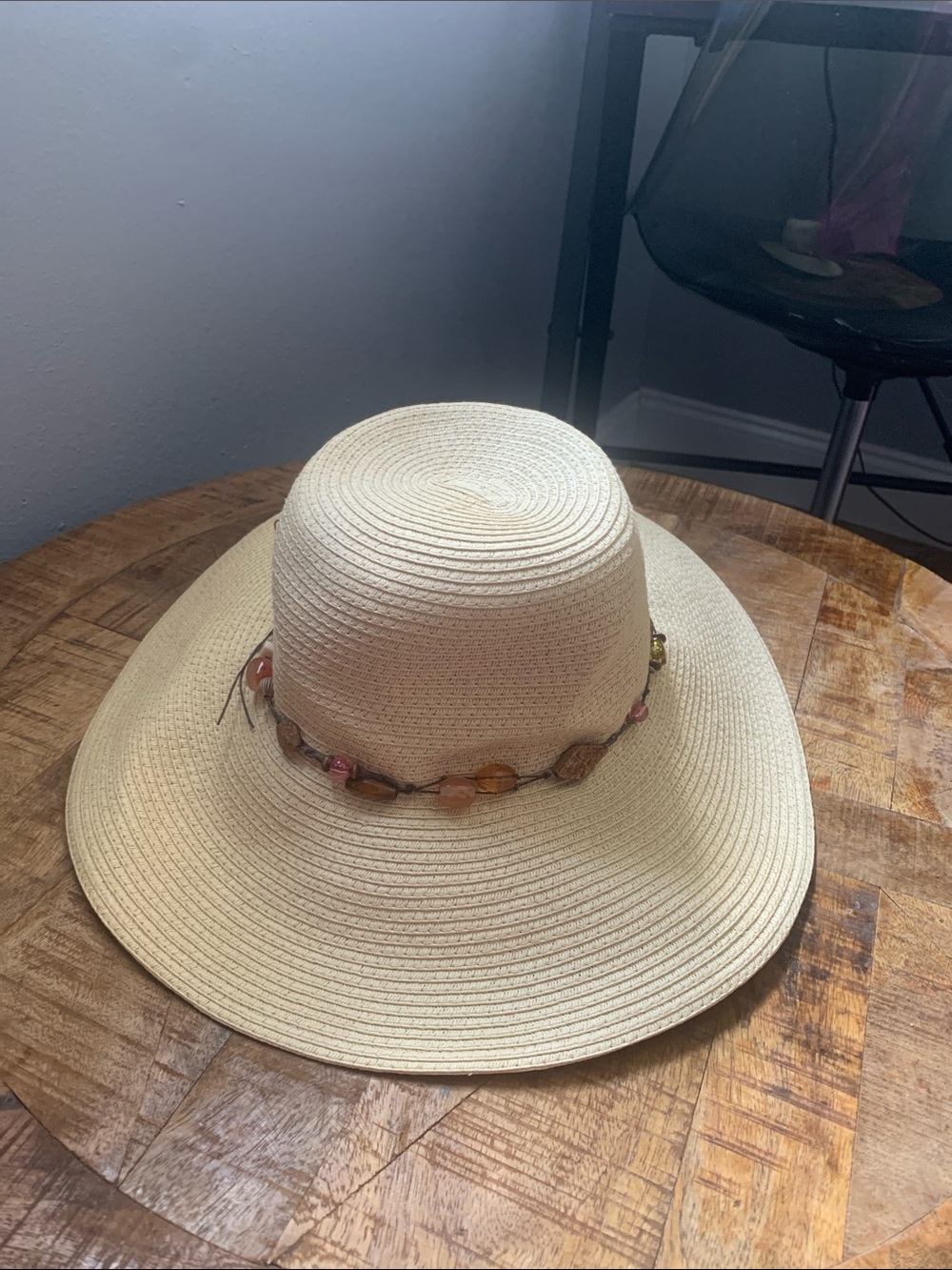 D&Y Cream Straw Sun Hat with Beaded Accent